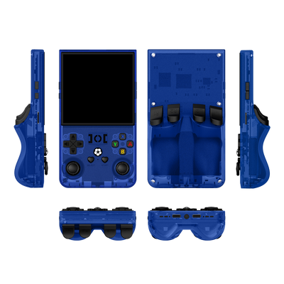 Blue R36 MAX retro gaming handheld console shown in multiple product angles, including front, back, side, top, and bottom views, featuring a transparent shell, dual joysticks, and an ergonomic rear grip design.