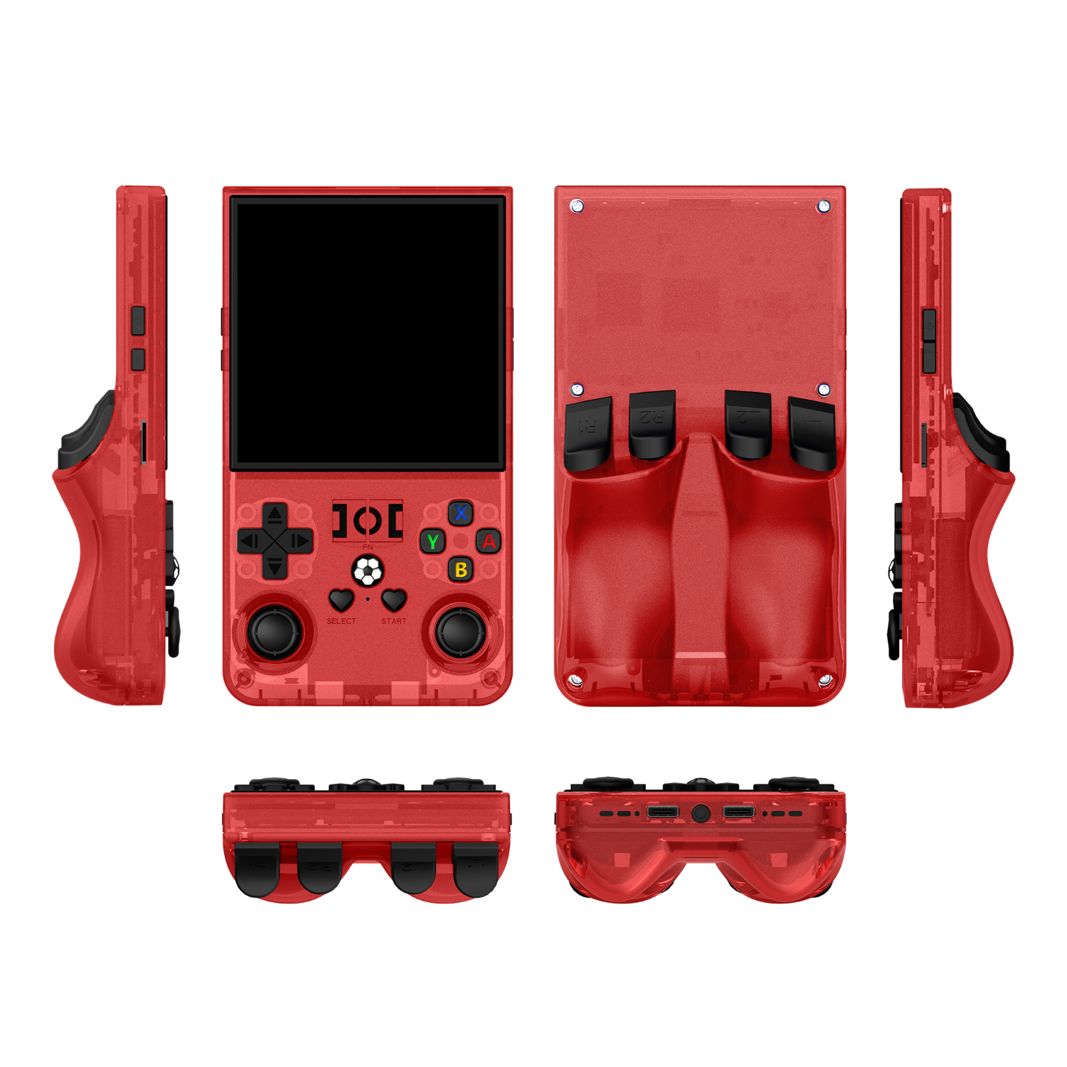 Red R36 MAX retro gaming handheld console shown in multiple product angles, including front, back, side, top, and bottom views, featuring a transparent shell, dual joysticks, and an ergonomic rear grip design.