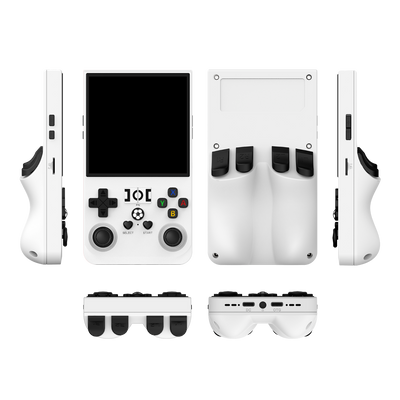 White R36 MAX retro gaming handheld console shown in multiple product angles, including front, back, side, top, and bottom views, featuring dual joysticks and an ergonomic rear grip design.