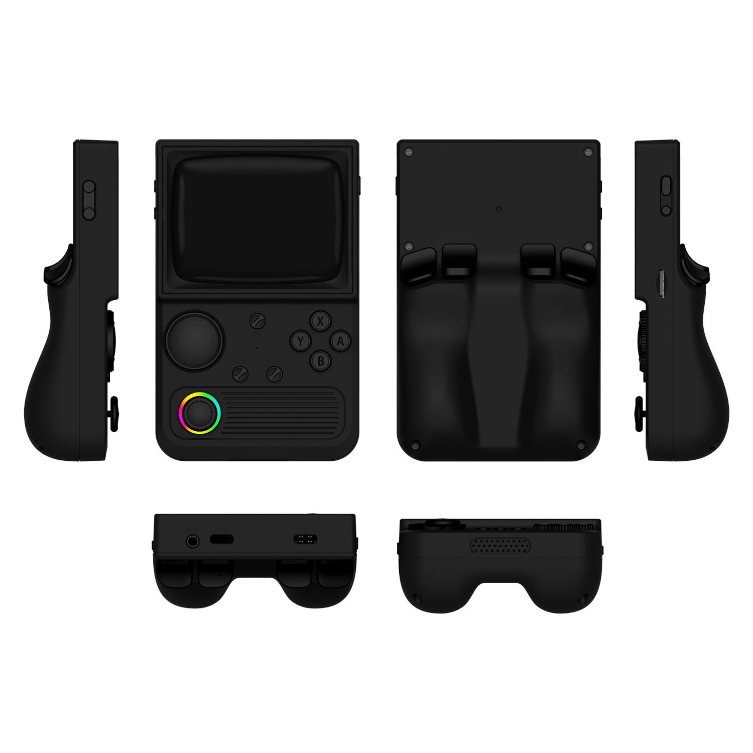Console portatile retro nera R36T mostrata da più angolazioni del prodotto, comprese viste frontali, posteriori, laterali, dall'alto e dal basso, con joystick RGB e design ergonomico della presa posteriore.