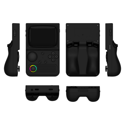 Console portatile retro nera R36T mostrata da più angolazioni del prodotto, comprese viste frontali, posteriori, laterali, dall'alto e dal basso, con joystick RGB e design ergonomico della presa posteriore.