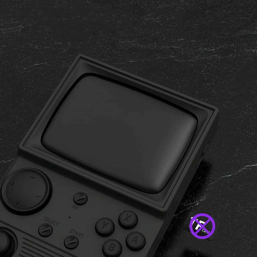 Primo piano di una console portatile retro nera R36T che mostra lo schermo, i pulsanti e un'icona no Wi-Fi su uno sfondo scuro e strutturato.