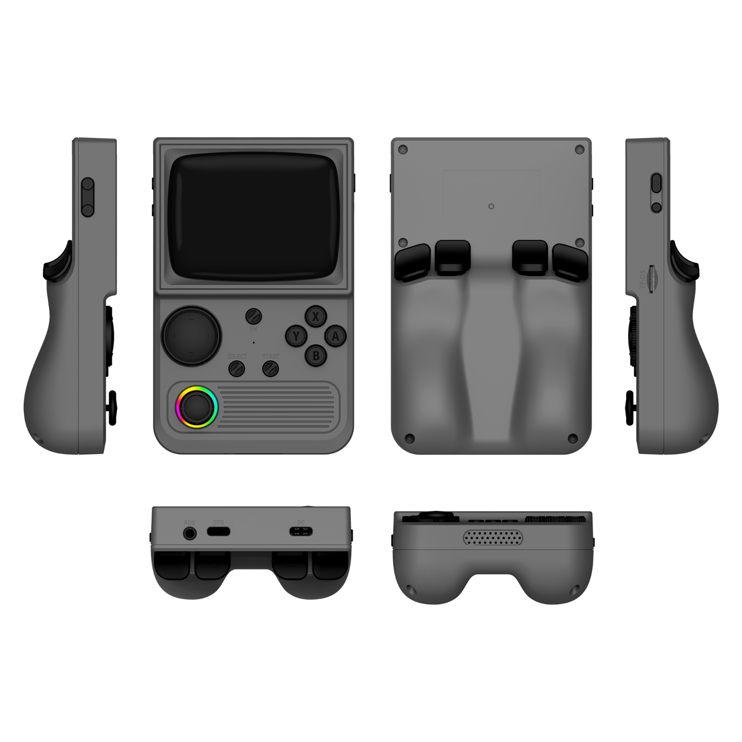 Console portatile retro grigia R36T mostrata da più angolazioni del prodotto, comprese viste frontale, posteriore, laterale, superiore e inferiore, con un joystick RGB e un design ergonomico della parte posteriore.