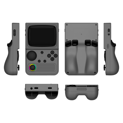 Console portatile retro grigia R36T mostrata da più angolazioni del prodotto, comprese viste frontale, posteriore, laterale, superiore e inferiore, con un joystick RGB e un design ergonomico della parte posteriore.