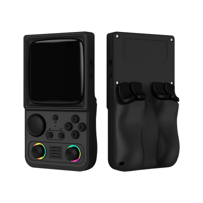 Schwarzer R36T MAX in Vorder- und Rückansicht mit zwei RGB-Joysticks, Schultertasten und ergonomischem Rückgriff.