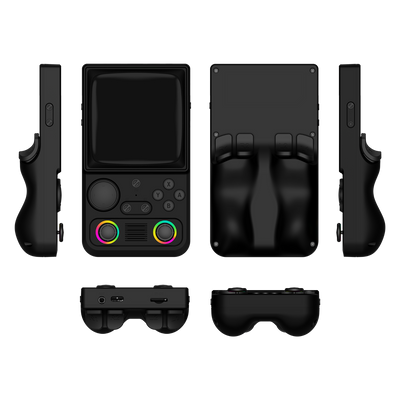 Schwarzer R36T MAX aus mehreren Perspektiven mit zwei RGB-Joysticks und ergonomischem Rückgriff.