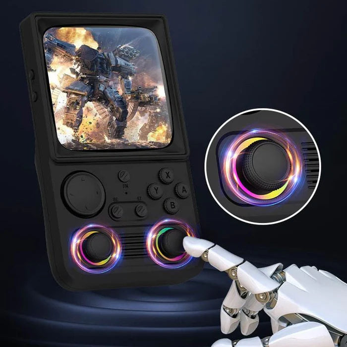 Schwarzer R36T MAX mit zwei RGB-Joysticks, Actionspiel auf dem Display und Roboterhand zur Hervorhebung des beleuchteten Joysticks.