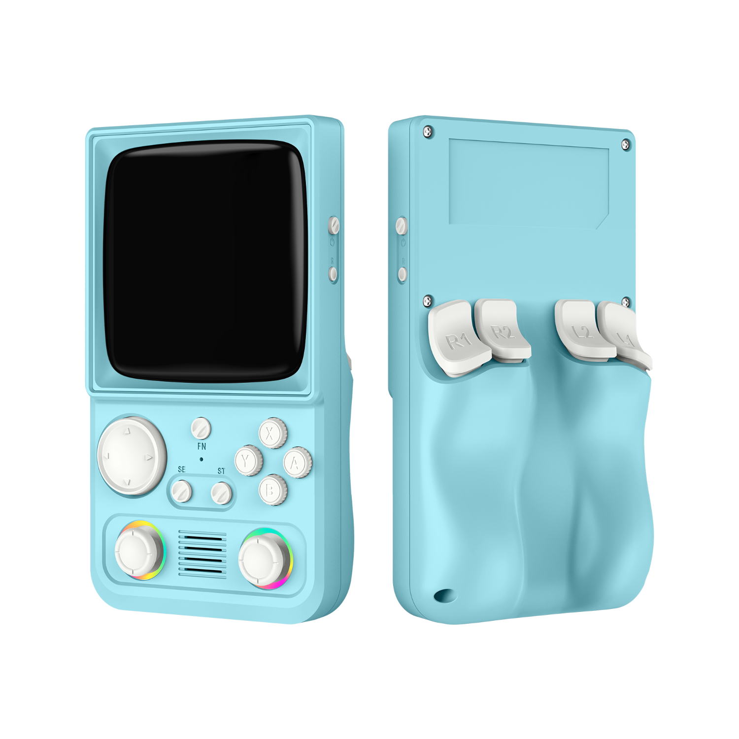 Blauer R36T MAX in Vorder- und Rückansicht mit zwei RGB-Joysticks, weißen Tasten, Schultertasten und ergonomischem Rückgriff.