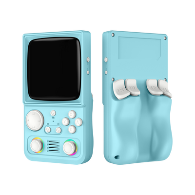 Blauer R36T MAX in Vorder- und Rückansicht mit zwei RGB-Joysticks, weißen Tasten, Schultertasten und ergonomischem Rückgriff.