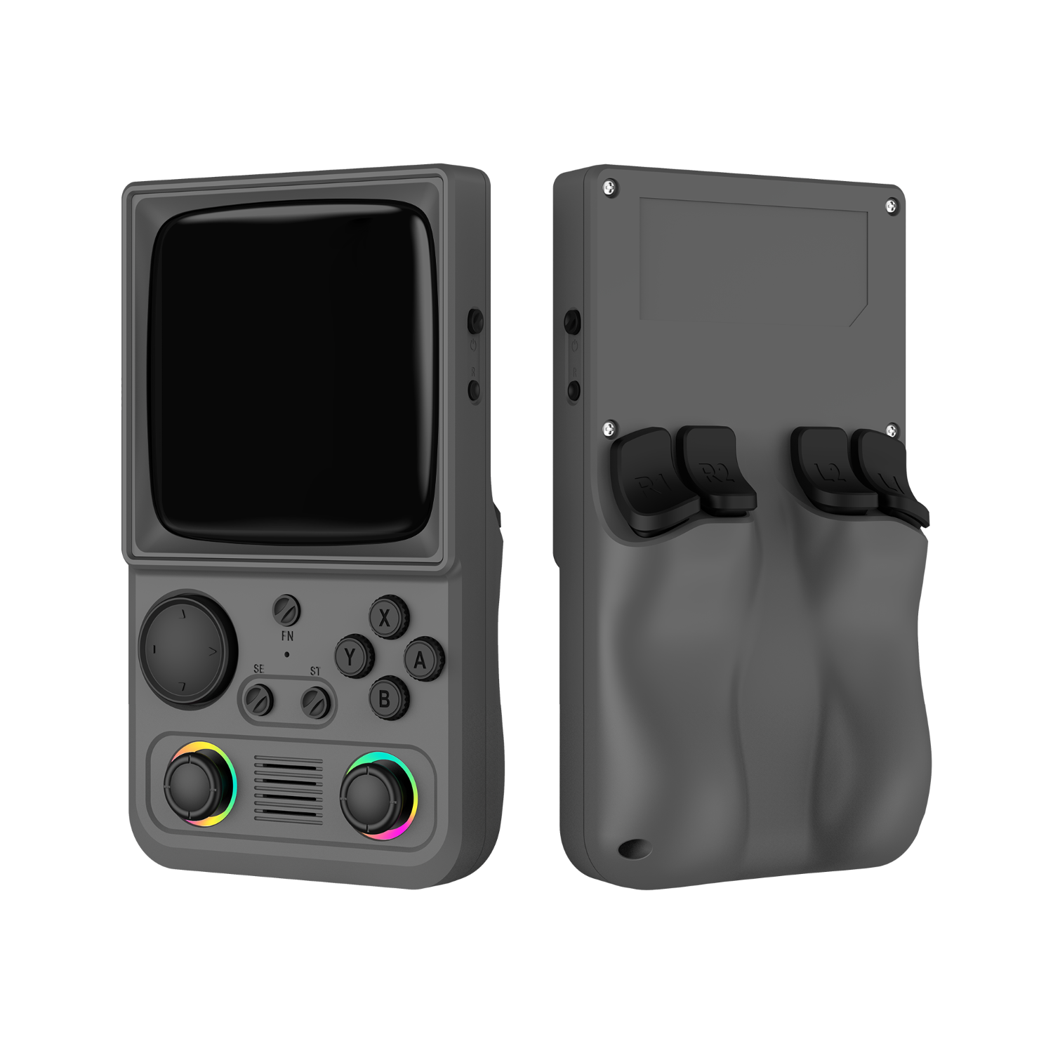 Grauer R36T MAX in Vorder- und Rückansicht mit zwei RGB-Joysticks, Schultertasten und ergonomischem Rückgriff.