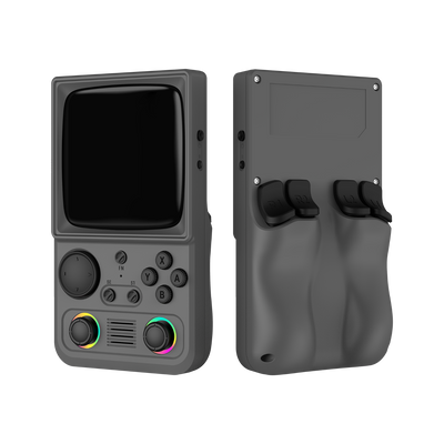 Grauer R36T MAX in Vorder- und Rückansicht mit zwei RGB-Joysticks, Schultertasten und ergonomischem Rückgriff.