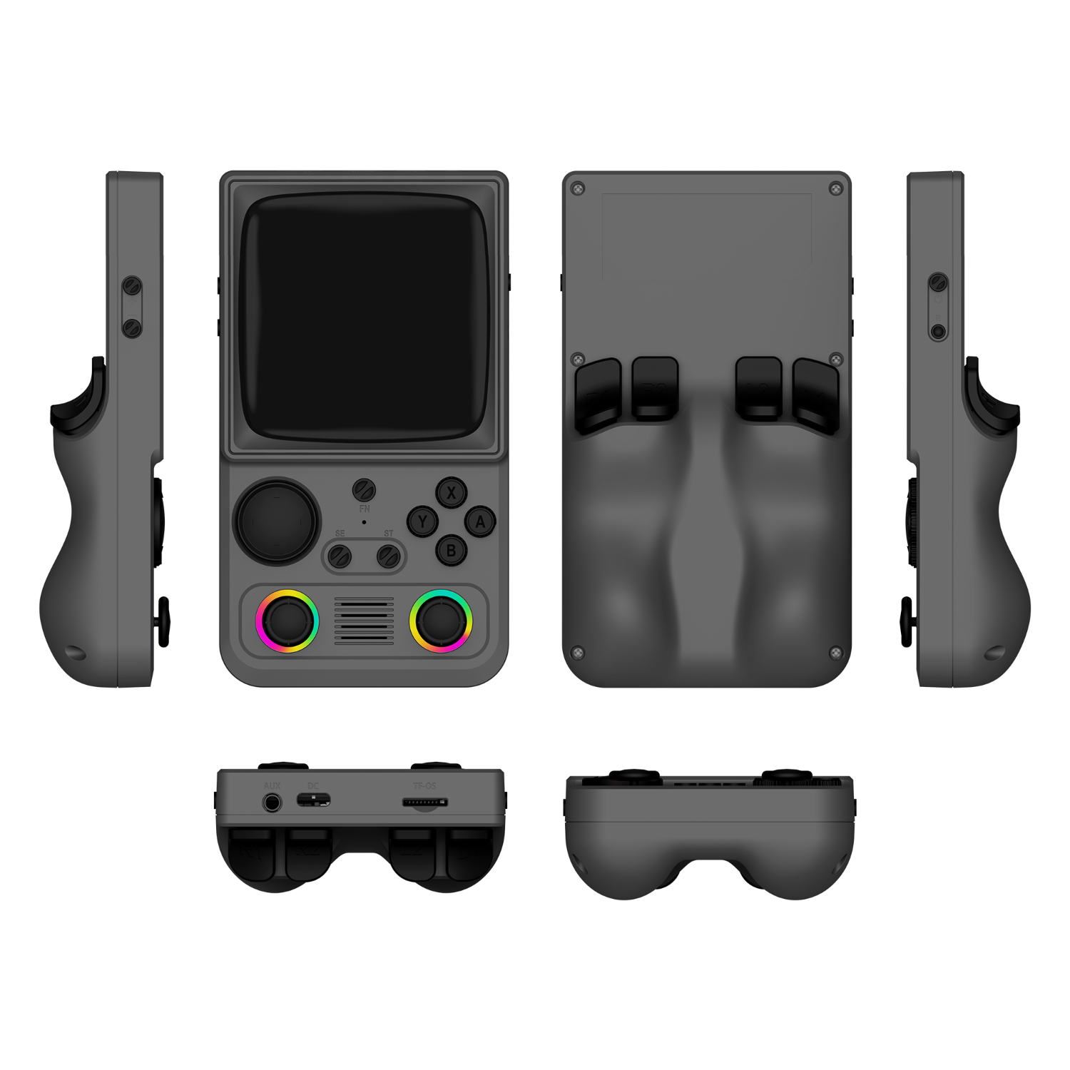 Grauer R36T MAX aus mehreren Perspektiven mit zwei RGB-Joysticks und ergonomischem Rückgriff.