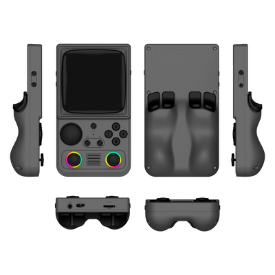 Grauer R36T MAX aus mehreren Perspektiven mit zwei RGB-Joysticks und ergonomischem Rückgriff.