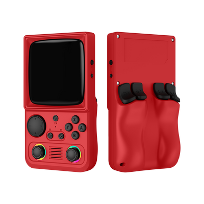 Roter R36T MAX in Vorder- und Rückansicht mit zwei RGB-Joysticks, Schultertasten und ergonomischem Rückgriff.