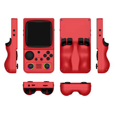 Roter R36T MAX aus mehreren Perspektiven mit zwei RGB-Joysticks und ergonomischem Rückgriff.