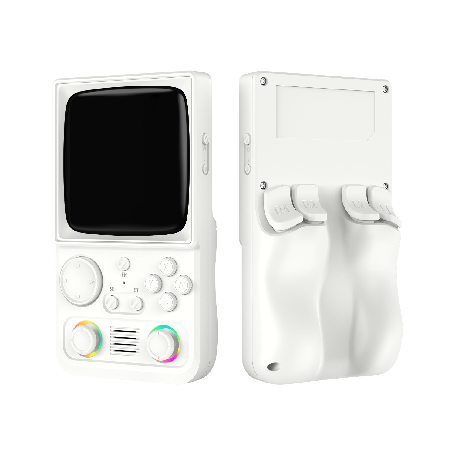 Weißer R36T MAX in Vorder- und Rückansicht mit zwei RGB-Joysticks, Schultertasten und ergonomischem Rückgriff.