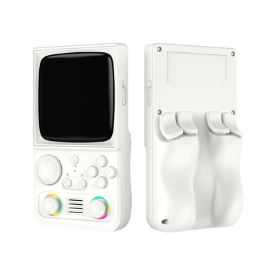 Weißer R36T MAX in Vorder- und Rückansicht mit zwei RGB-Joysticks, Schultertasten und ergonomischem Rückgriff.