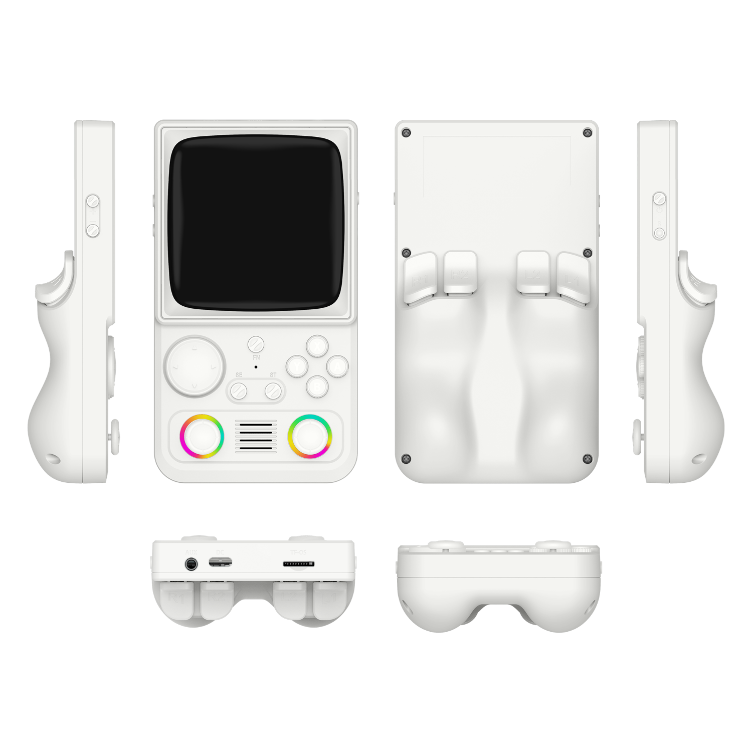 Weißer R36T MAX aus mehreren Perspektiven mit zwei RGB-Joysticks und ergonomischem Rückgriff.