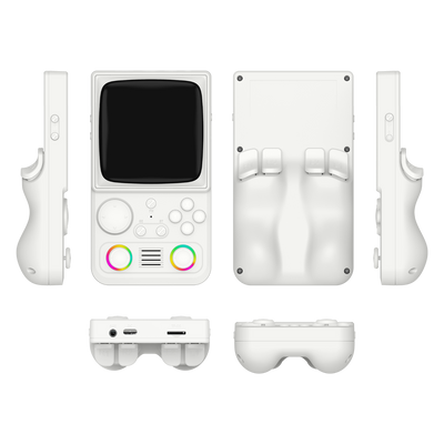 Weißer R36T MAX aus mehreren Perspektiven mit zwei RGB-Joysticks und ergonomischem Rückgriff.