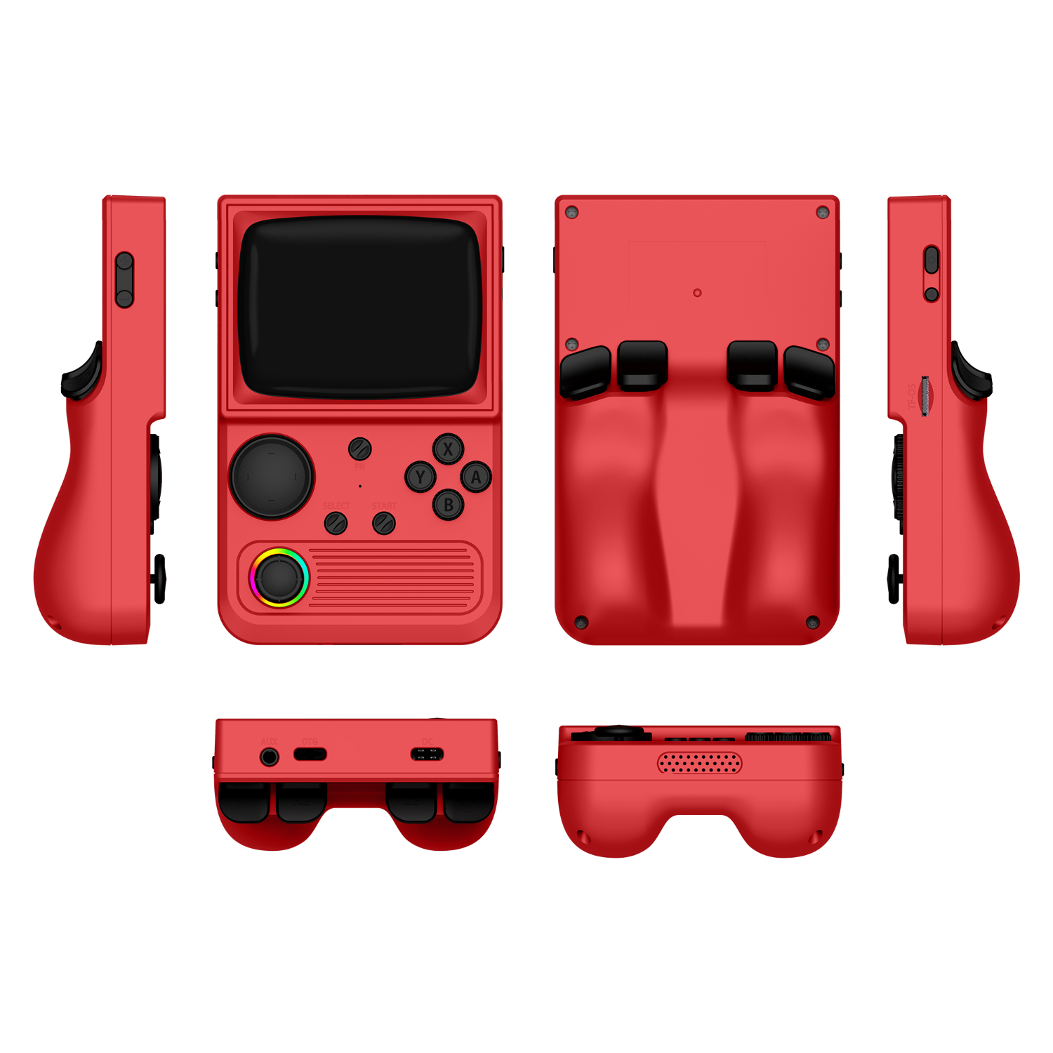Console portatile retro rossa R36T mostrata da più angolazioni del prodotto, comprese viste frontale, posteriore, laterale, superiore e inferiore, con un joystick RGB e un design ergonomico della parte posteriore.