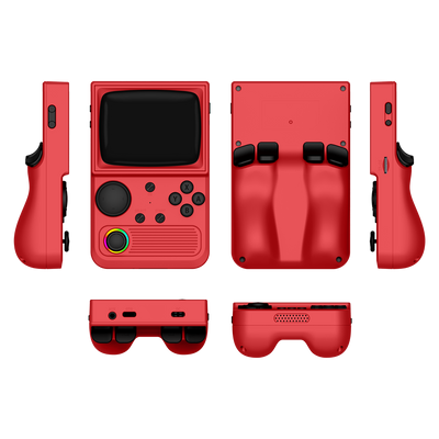 Console portatile retro rossa R36T mostrata da più angolazioni del prodotto, comprese viste frontale, posteriore, laterale, superiore e inferiore, con un joystick RGB e un design ergonomico della parte posteriore.