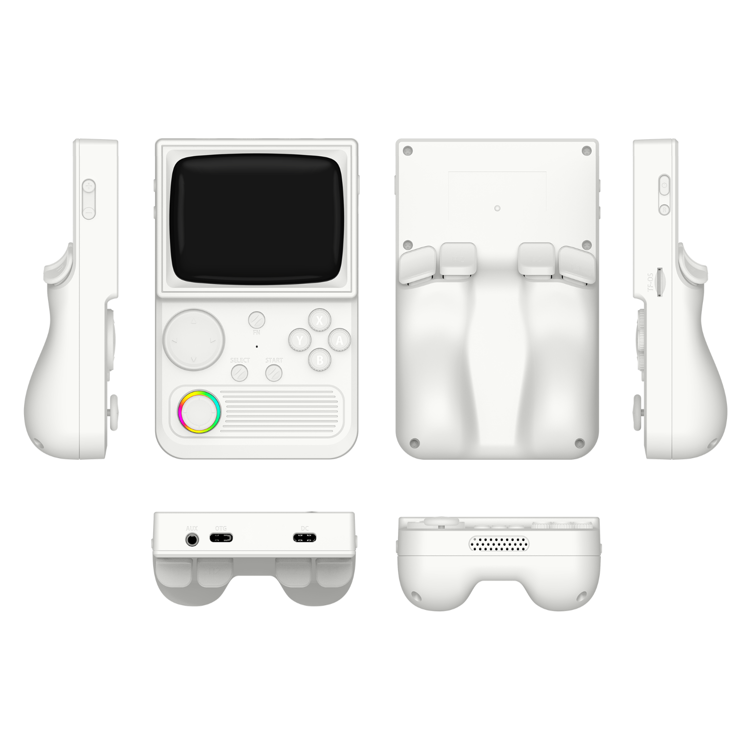 White R36T retro gaming handheld console shown in multiple product angles, including front, back, side, top, and bottom views, featuring an RGB joystick and ergonomic rear grip design.