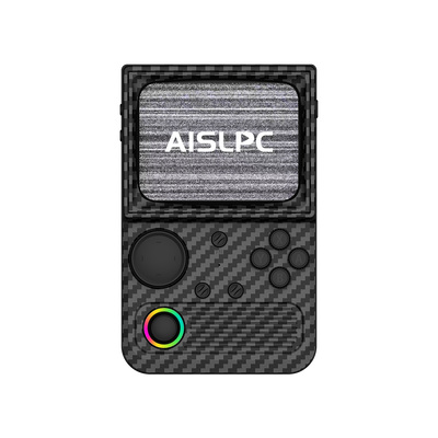 Vorderansicht des R36T WiFi in Carbon-Schwarz mit Carbon-Optik, schwarzen Tasten, RGB-Joystick und AISLPC Logo auf dem Display.