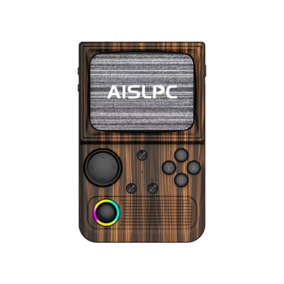 Vorderansicht des R36T WiFi in Kaffee-Braun mit Holzmaserung, schwarzen Tasten, RGB-Joystick und AISLPC Logo auf dem Display.