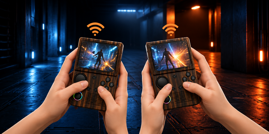 Zwei Spieler mit kaffeebraunen R36T WiFi Handhelds und Wireless-Symbolen beim Multiplayer-Actionspiel in einem Neon-Sci-Fi-Korridor.