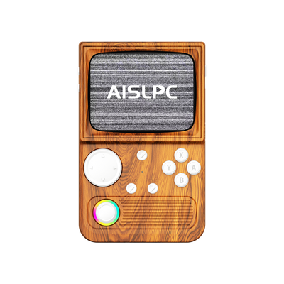 Vorderansicht des R36T WiFi in Holzbraun mit Holzmaserung, weißen Tasten, RGB-Joystick und AISLPC Logo auf dem Display.