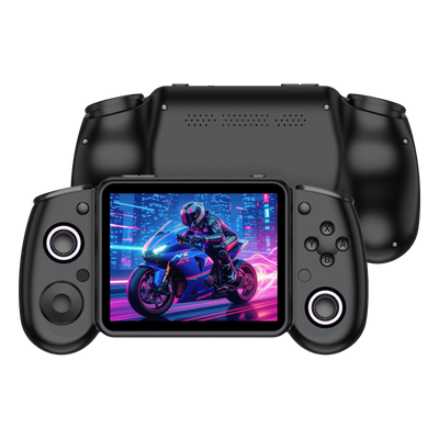 Black RG43H PRO retro gaming handheld console shown from the front and back, featuring a motorcycle racing game display, dual joysticks, and rear speaker holes.
