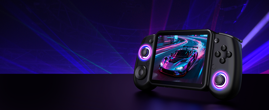 Black RG43H PRO handheld game console on a wide purple neon background, featuring glowing RGB joystick rings and a racing car game on the screen, with empty space on the left for promotional text.