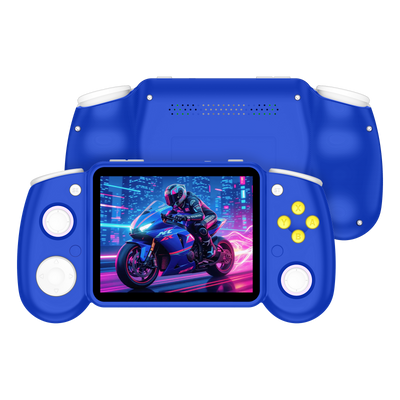 Deep blue RG43H PRO retro gaming handheld console shown from the front and back, featuring white controls, yellow action buttons, rear speaker holes, and a neon motorcycle game display.