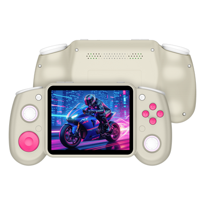 White RG43H PRO retro gaming handheld console shown from the front and back, featuring pink controls, dual RGB joysticks, rear speaker holes, and a neon motorcycle game display.