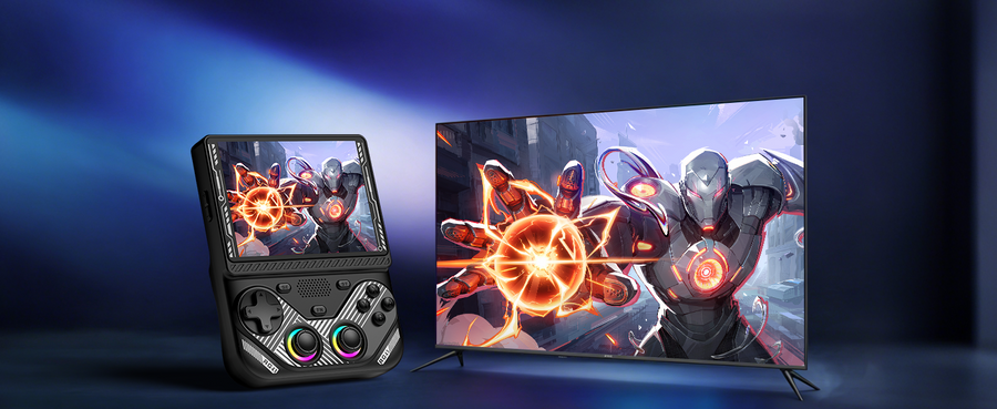 Schwarzer RG43V PRO neben großem Bildschirm mit synchronisierter Actionspielgrafik und zwei RGB-Joysticks in dunklem Gaming-Setup.