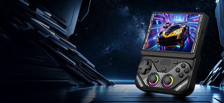 Schwarzer RG43V PRO in einem futuristischen Raumstations-Banner mit zwei RGB-Joysticks und Rennspiel auf dem Display.