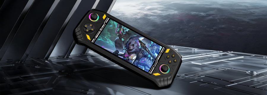 Black RG52 MINI retro gaming handheld console displayed in a futuristic space station scene, showing vivid action game graphics on a widescreen display.