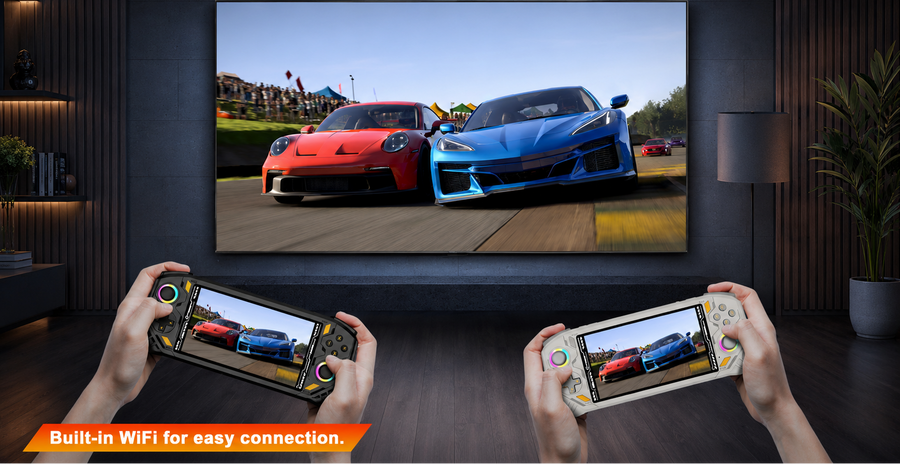 Black and white RG52 MINI retro gaming handheld consoles with built-in WiFi connection, showing racing gameplay on both handheld screens and a large TV display.