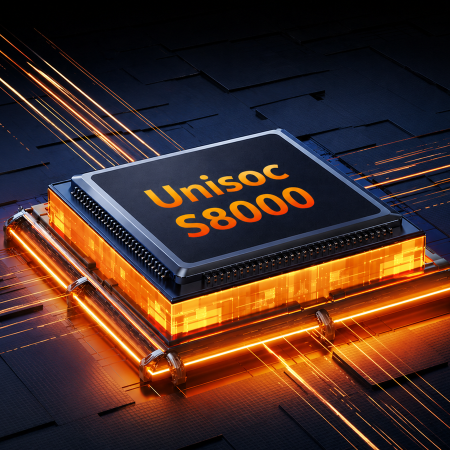 Chip procesador Unisoc S8000 con efectos de circuito de neón naranja, que resalta el rendimiento del hardware para la consola portátil retro RG52 PRO MAX.