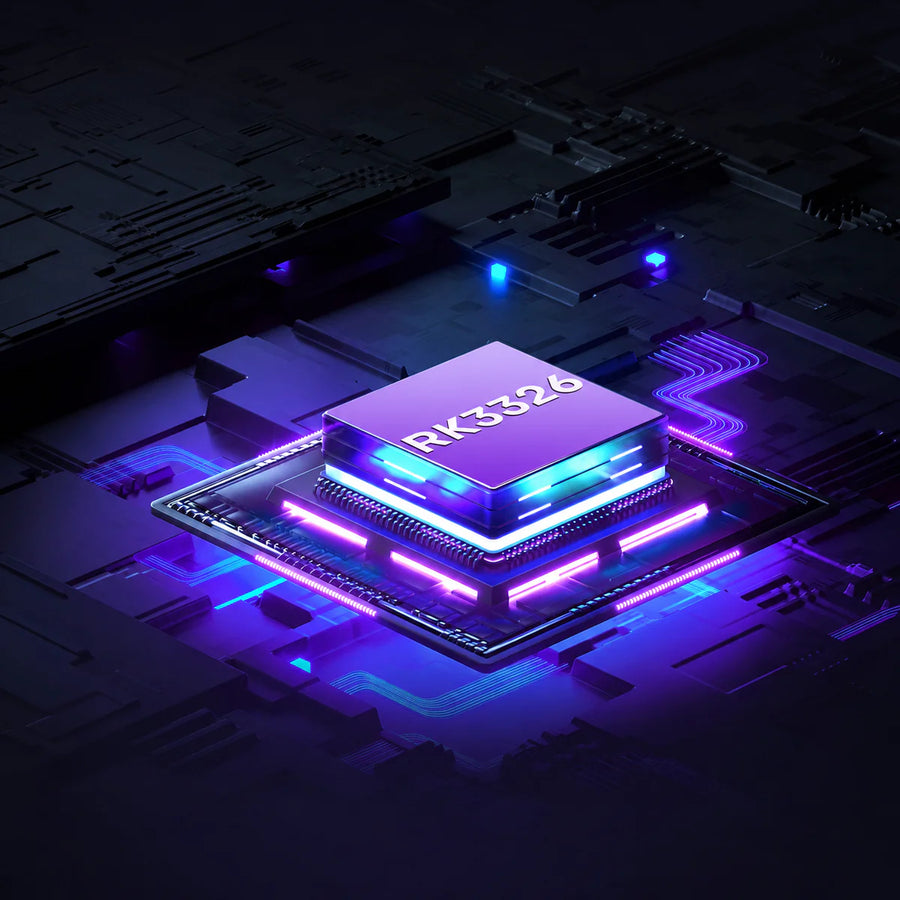 Neonbeleuchteter RK3326 Prozessorchip auf futuristischer Platine als Darstellung leistungsstarker Hardware für Retro-Gaming-Handhelds.