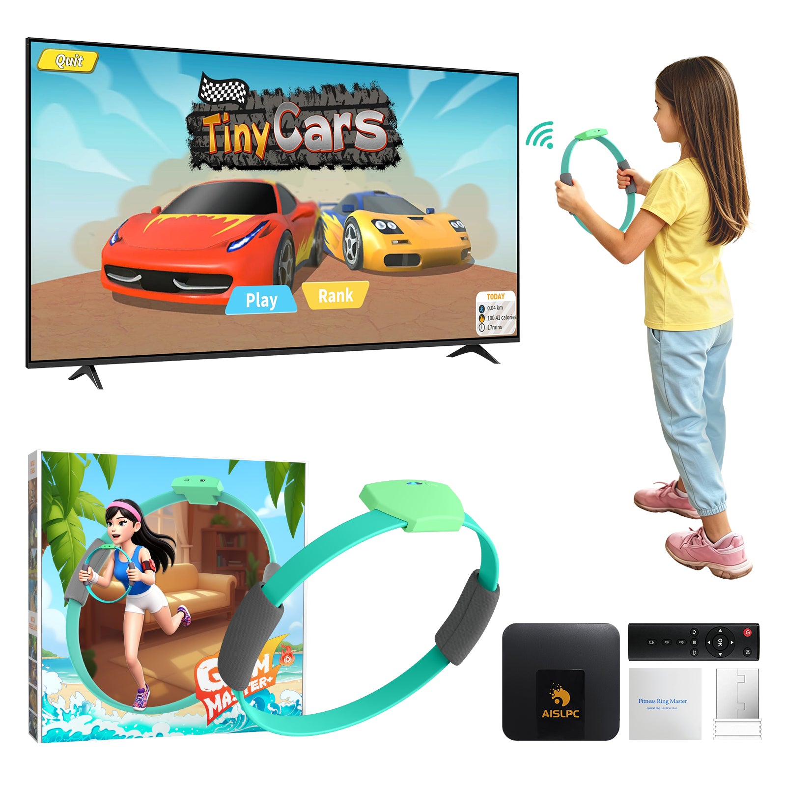 AISLPC Familien-Bewegungsspielsystem mit einem Kind beim TV-Rennspiel per Fitness-Ring-Controller sowie Game Box, Wireless-Empfänger, Fernbedienung und Zubehör.